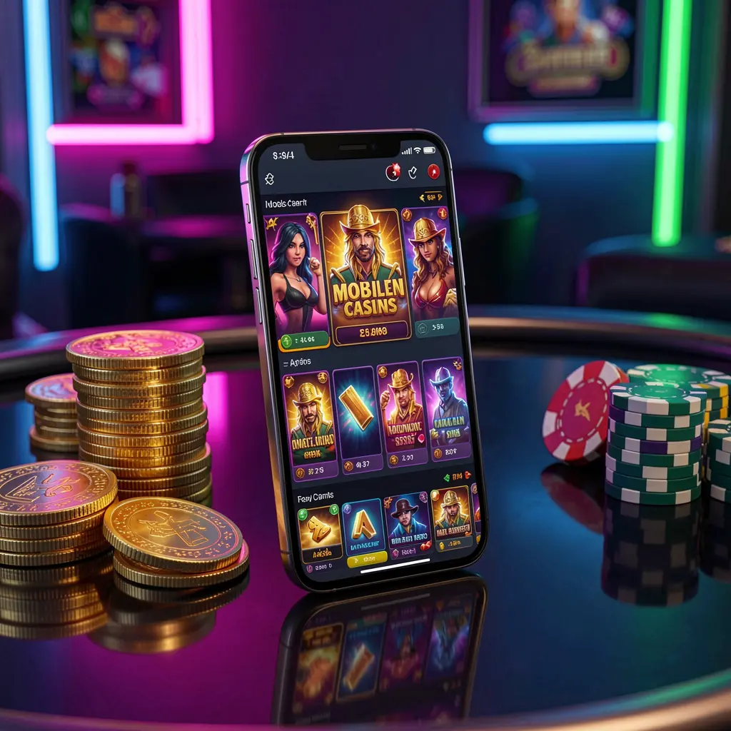 Painel de controlo do casino móvel 831BET num smartphone, apresentando uma interface de jogo colorida com moedas douradas e fichas de póquer numa mesa brilhante sob elegante iluminação néon