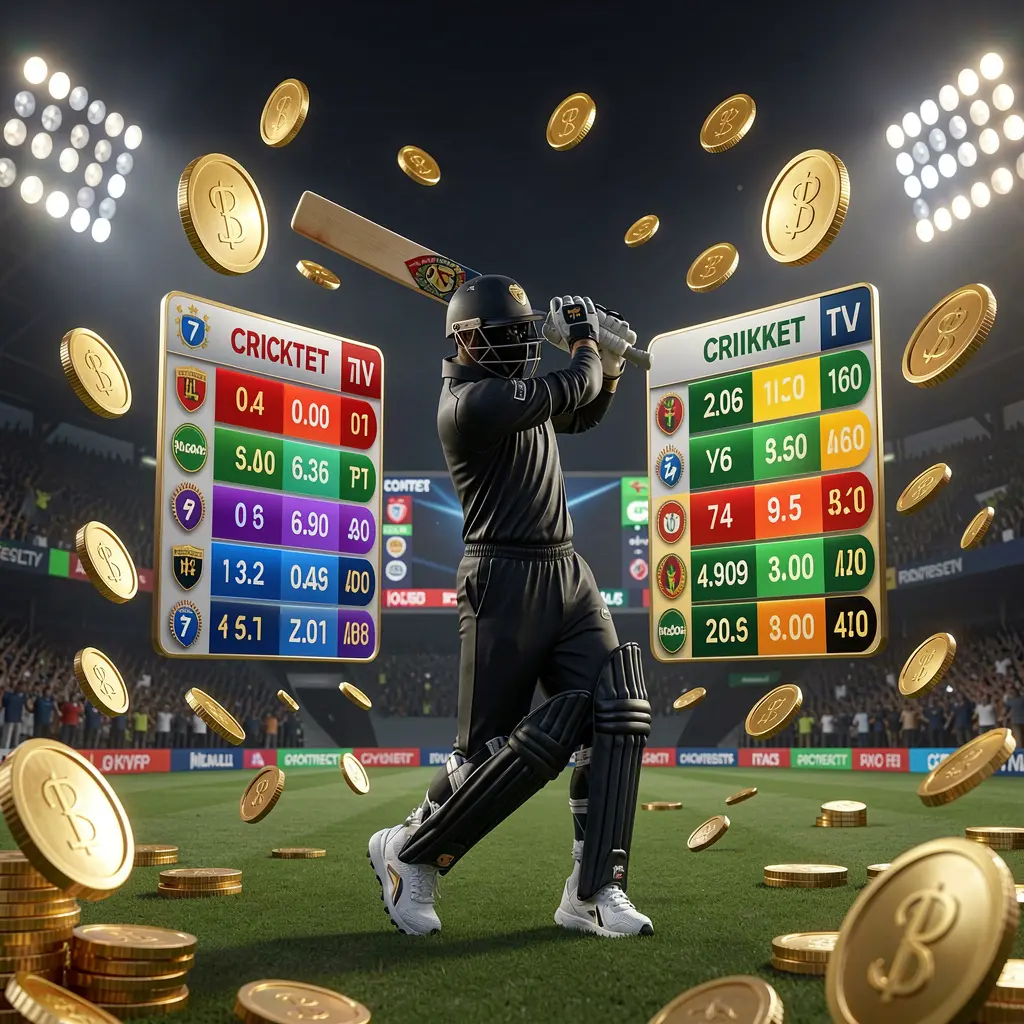 Visual de odds de críquete ao vivo da 831BET com a silhueta de um jogador de críquete a bater sob luzes de estádio, gráficos de odds flutuantes e moedas douradas sobre um fundo desportivo escuro premium Visual de odds de críquete ao vivo da 831BET com a silhueta de um jogador de críquete a bater sob luzes de estádio, gráficos de odds flutuantes e moedas douradas sobre um fundo desportivo escuro premium