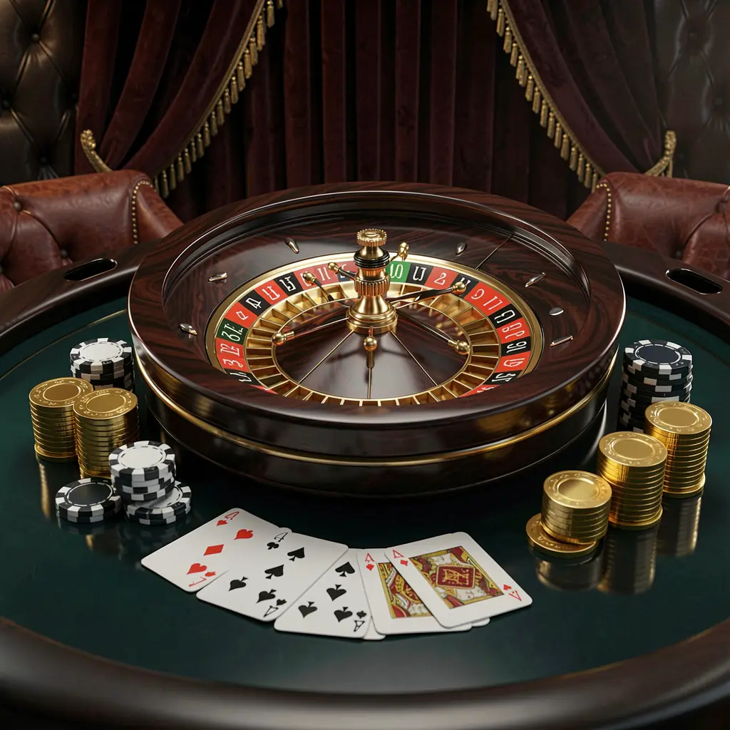 Ilustração 3D realista de uma cena moderna de casino online com uma roda de roleta, cartas de jogar, fichas de póquer e moedas douradas numa mesa brilhante com um fundo escuro luxuoso, apresentando a experiência da marca 831BET.