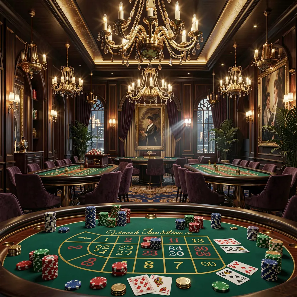 Átrio de casino de alta qualidade com a marca 831BET, luzes douradas, mesas de roleta, fichas e cartas num design elegante premium sobre um fundo cinematográfico escuro, renderização 3D ultradetalhada