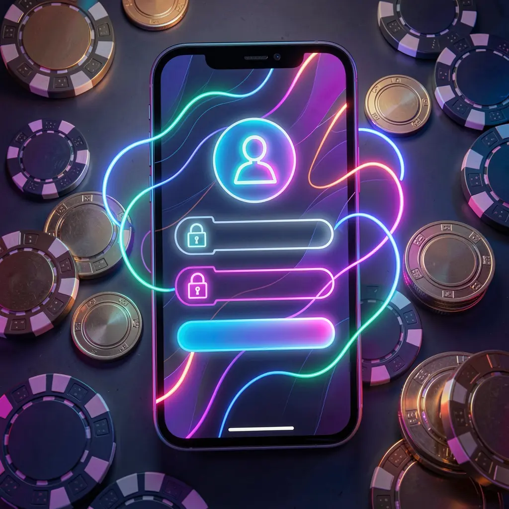 Conceito de página de início de sessão de jogos móveis da 831BET num smartphone com ícones abstratos de utilizador e cadeado, rodeado por fichas de casino e moedas sob iluminação néon luxuosa