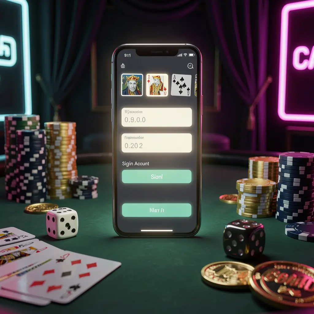 Smartphone brilhante a apresentar o ecrã de início de sessão da conta de casino 831BET numa mesa de casino rodeada por cartas, fichas, dados e moedas douradas com fundo escuro elegante e destaques néon