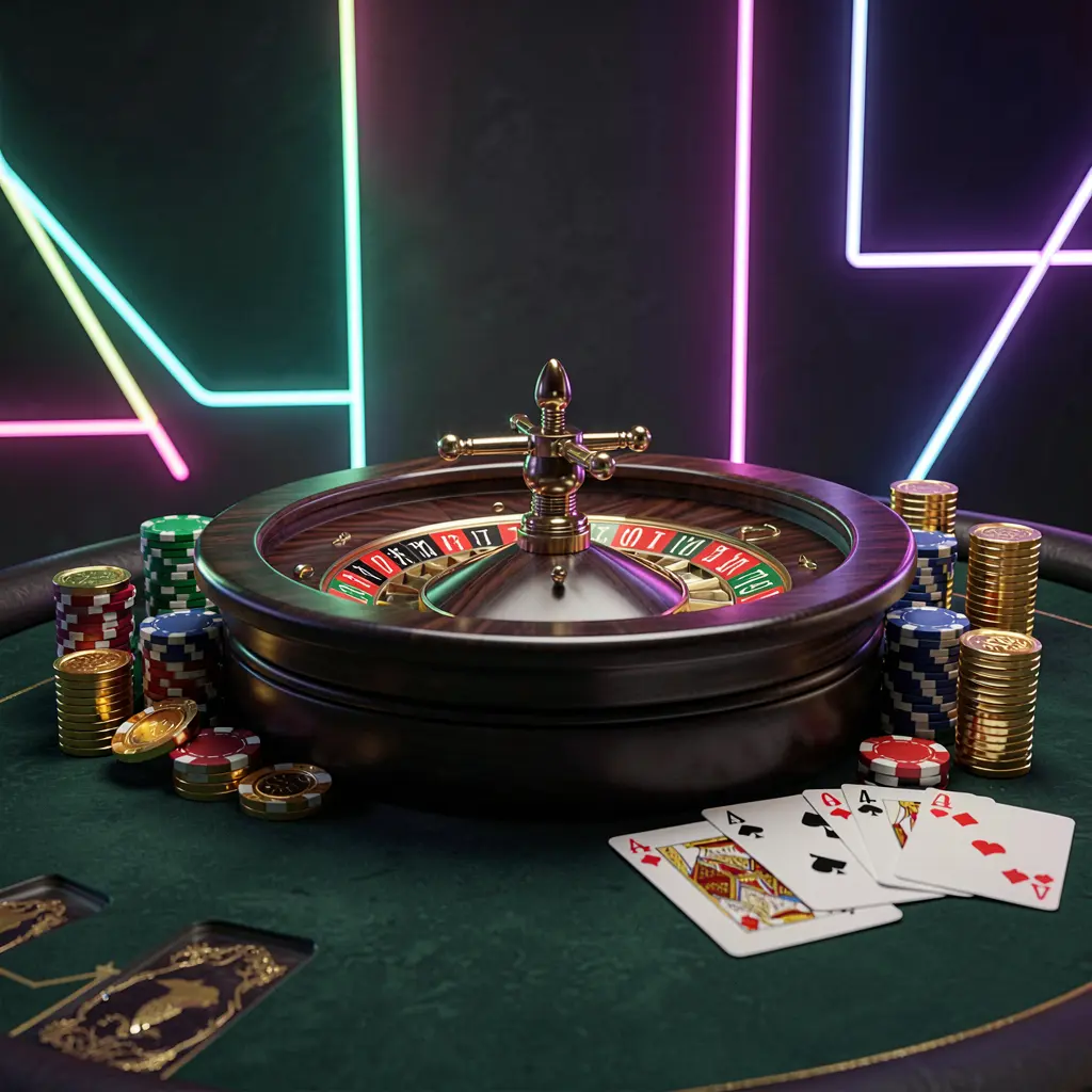 Mesa de casino de luxo com roda de roleta, fichas de póquer, cartas de jogar e moedas douradas sobre um fundo escuro premium com brilho néon, apresentando o banner principal da página inicial do casino online da 831BET